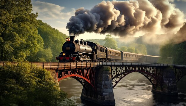 Photo un train à vapeur traverse un pont en fer.