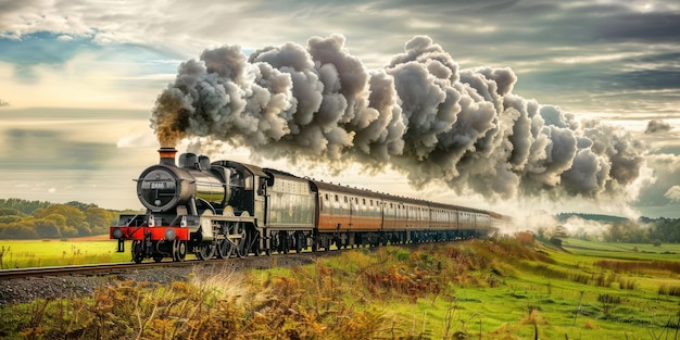 Un train à vapeur vintage traversant un paysage rural