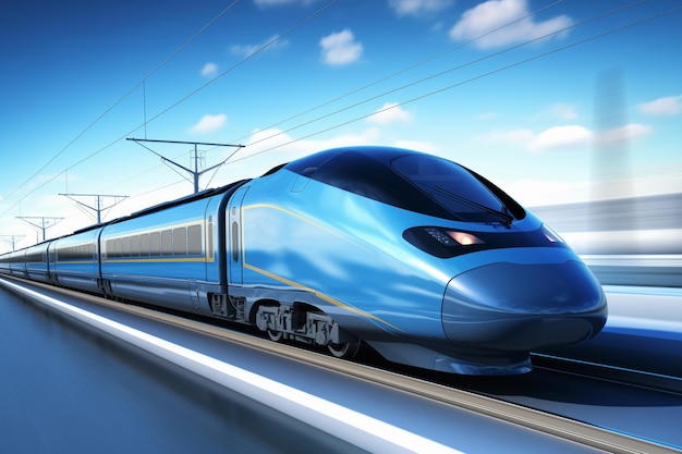 Un train à vitesse bleue est vu en train de descendre les voies ferrées à côté des lignes électriques