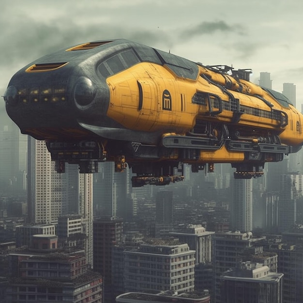 Train volant jaune cyberpunk dans les airs IA générative