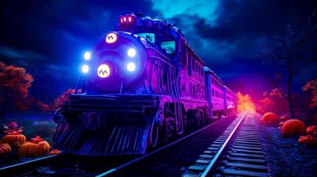 Le train voyage sur les voies ferrées sous un ciel violet avec la pleine lune AI générative