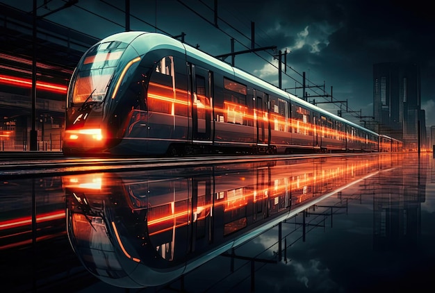 un train voyageant dans la nuit dans une gare dans le style cyan clair et orange