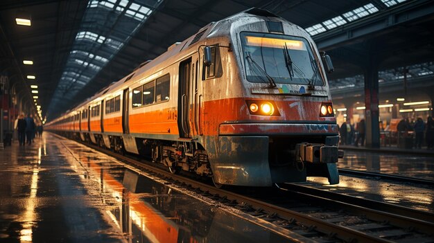 Un train voyageant à travers une gare à côté d'une plate-forme.