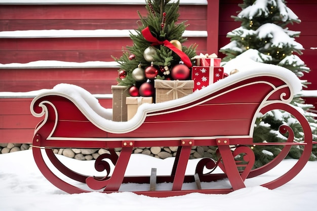 Photo un traîneau en bois rustique avec des décorations de noël sous un arbre recouvert de neige