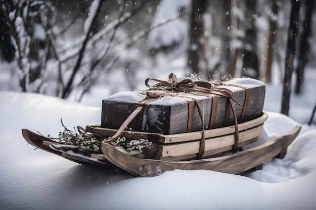Traîneau en bois traditionnel avec des cadeaux emballés dans un décor d'hiver enneigé créé avec une IA générative