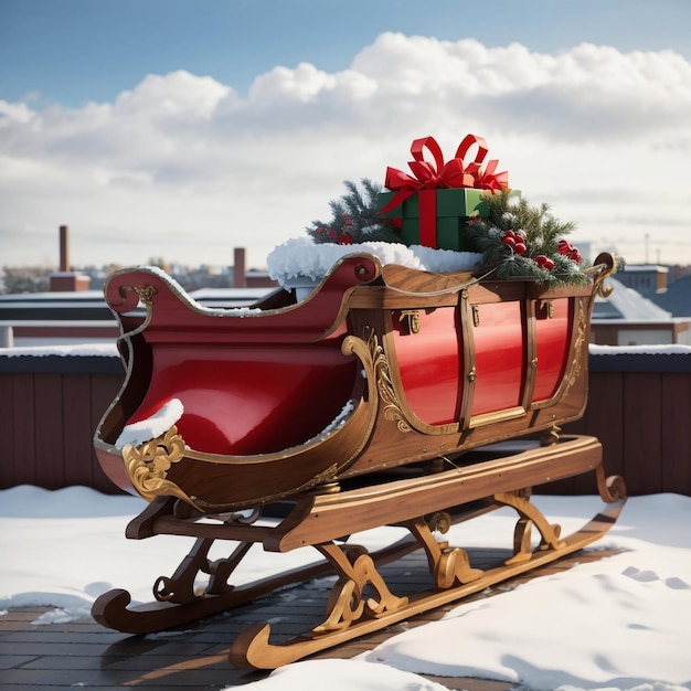 Le traîneau du Père Noël est garé sur un toit enneigé, prêt pour la livraison de son cadeau annuel.