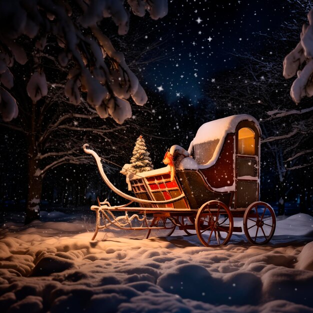 Le traîneau du Père Noël garé dans la neige par une nuit froide de Noël