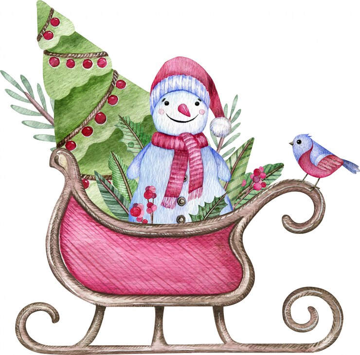 Traîneau de Santa avec un bonhomme de neige, des arbres et un oiseau cramoisi isolé sur blanc. Illustration aquarelle de Noël.