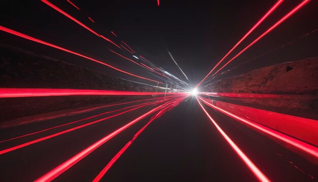 Photo une traînée de lumière rouge néon et argentée