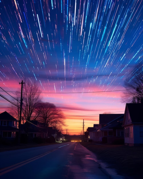 traînées d'étoiles dans le ciel au-dessus d'une rue résidentielle