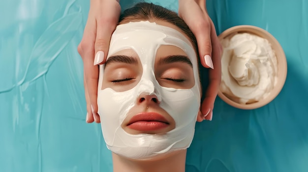 Traitement facial relaxant Femme avec un masque facial nourrissant Concept de spa de bien-être et de beauté Routine de soin de la peau confortable à la maison Scène de soin de soi sereine AI