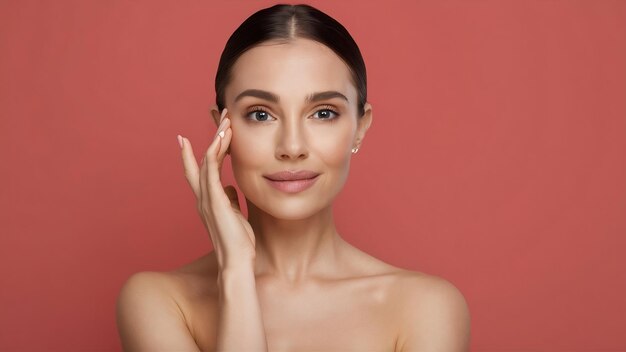 Traitement de lifting de peau portrait d'une belle et jeune femme touchant sa peau parfaite avec un lifting