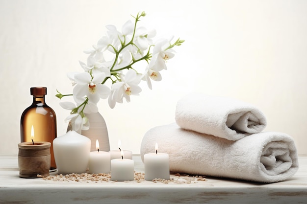 Photo traitement de spa de luxe et aromathérapie avec un fond blanc clair de bougie