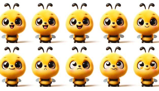 avec des traits d'abeille mignons exagérés affichés dans quatre angles différents et des expressions contre un sta