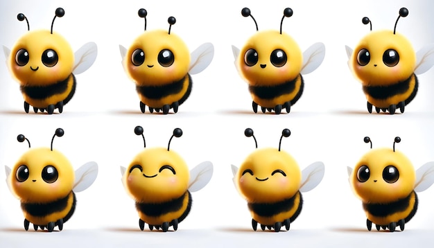 avec des traits d'abeille mignons exagérés affichés dans quatre angles différents et des expressions contre un sta