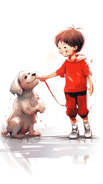 Des traits simples enfant en rouge et chien de compagnie s'amusant ensemble Illustration de dessin animé dessinée à la main