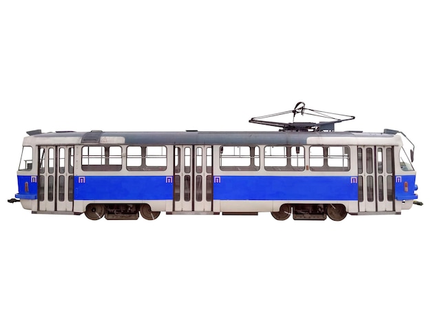 Tram bleu isolé sur blanc