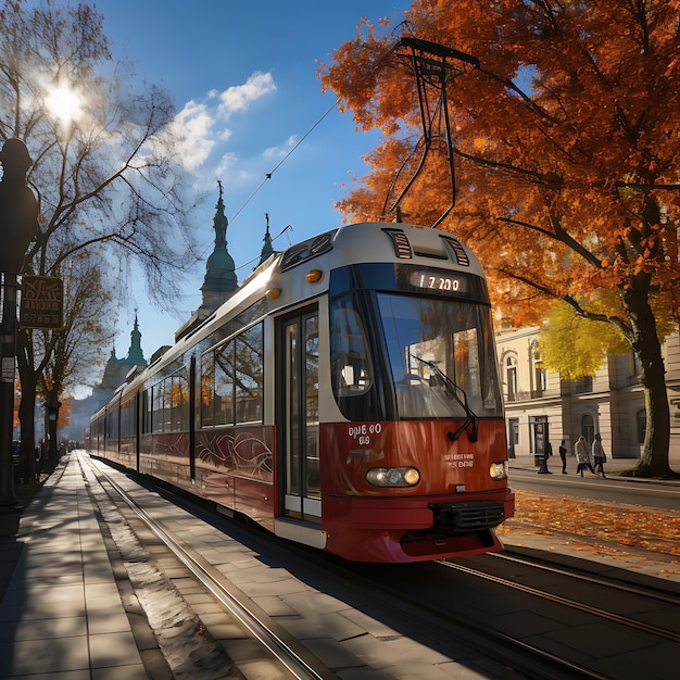 Tram à Prague sur une rue historique journée ensoleillée lumineuse