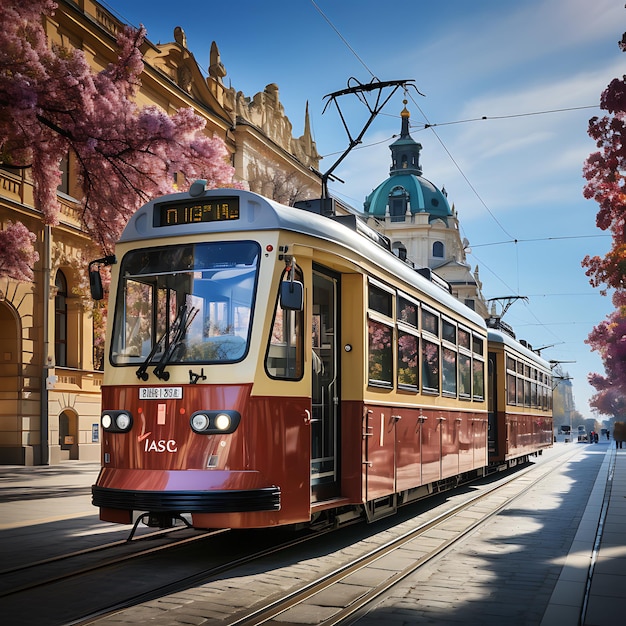 Tram à Prague sur une rue historique journée ensoleillée lumineuse