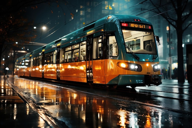 Un tramway dans la rue du soir après la pluie