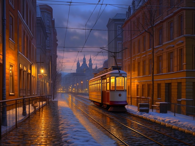 Un tramway dans la rue de Lisbonne au Portugal dans l'éclairage du soir