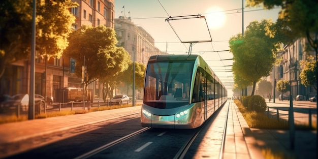 Tramway électrique moderne avec système électrique à énergie solaire dans la rue de la ville au coucher du soleil