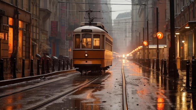 un tramway jaune circule dans la rue sous la pluie.