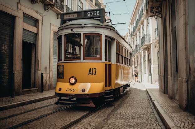 Un tramway jaune dans une rue de Lisbonne