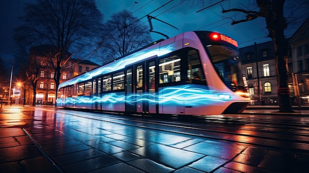 Tramway la nuit dans une ville avec des sentiers légers à une station de tramway d'arrêt