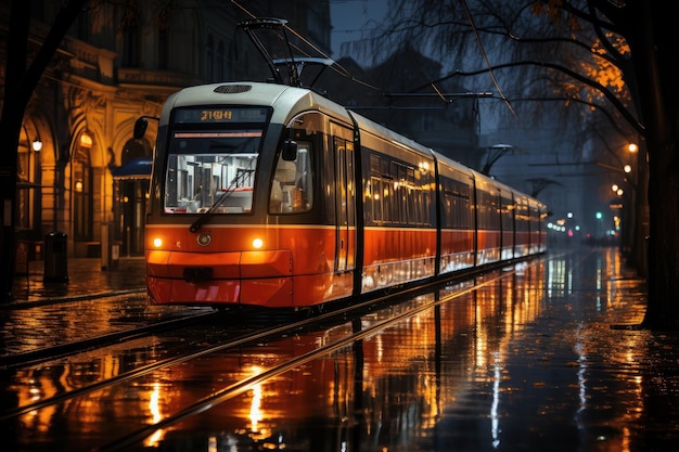 Tramway de nuit urbain et gratte-ciel sous ciel étoilé IA générative