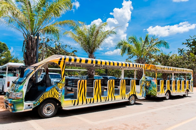 Un tramway peint avec des motifs de tigre utilisé à l'intérieur du zoo, et le fond des arbres et du ciel.