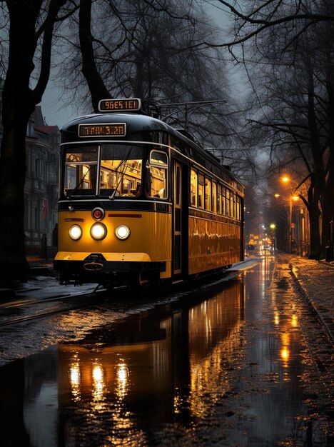 Photo un tramway qui descend la rue avec le numéro 1 dessus