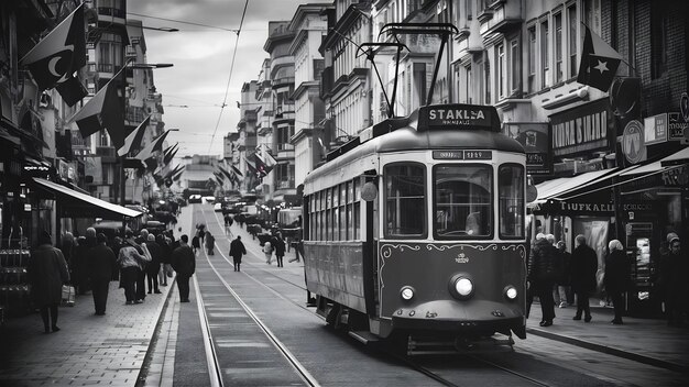 Photo le tramway rétro sur la rue taksim i̇stiklal à istanbul, en turquie