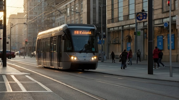 Le tramway s'approche dans la lumière du soir.