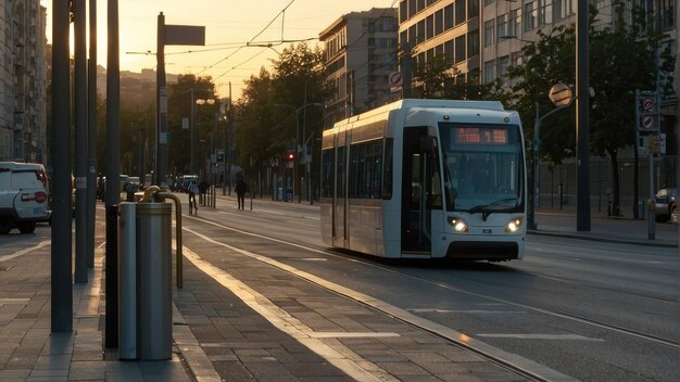 Le tramway s'approche dans la lumière du soir.