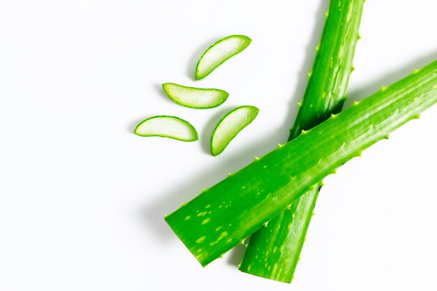 Tranche d'Aloe vera naturelle fraîche sur fond blanc. Concept de phytothérapie pour les soins de la peau et des cheveux.