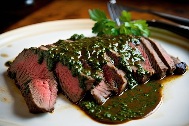 Tranche de bifteck de flanc avec un filet de sauce chimichurri