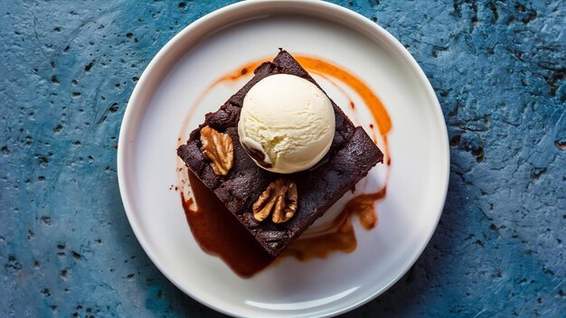 Une tranche de brownie au chocolat avec de la crème glacée à la noix et à la vanille