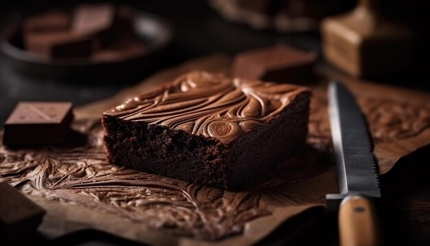 Tranche de brownie maison sur une table en bois rustique générée par l'IA