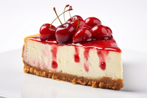 Tranche de cheesecake aux cerises avec garniture juteuse sur fond blanc