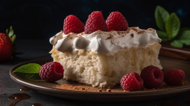 Une tranche de cheesecake aux framboises avec des framboises sur le dessus