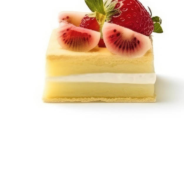 Une tranche de cheesecake avec des fraises et des fraises sur le dessus.