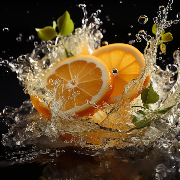 Une tranche de citron éclaboussée dans un verre d'eau avec un spray de gouttelettes d'eau en mouvement en suspension