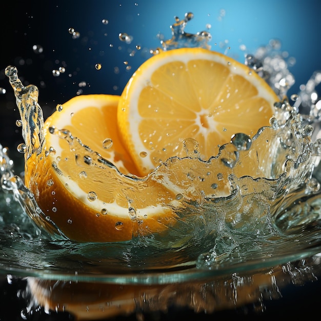 Une tranche de citron éclaboussée dans un verre d'eau avec un spray de gouttelettes d'eau en mouvement en suspension