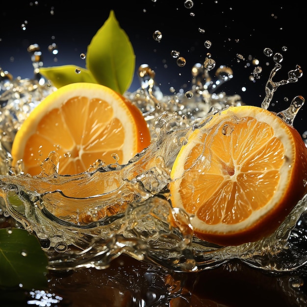 Une tranche de citron éclaboussée dans un verre d'eau avec un spray de gouttelettes d'eau en mouvement en suspension