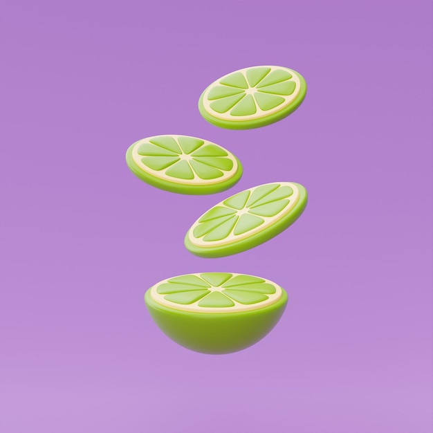Tranche de citron flottant isoler sur fond violet fruits d'été rendu 3d