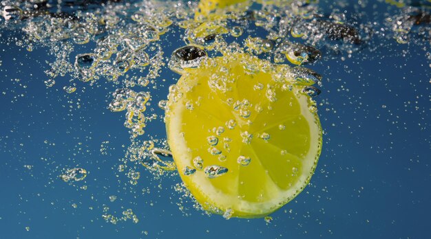 Tranche de citron sous l'eau dans de l'eau gazeuse ou de la limonade avec des bulles Cocktail pétillant tonique rafraîchissant Gros plan de citrons et de glaçons dans un verre Citron vert dans des éclaboussures d'eau gazeuse boisson froide