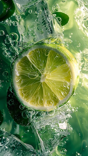 Une tranche de citron vert flotte dans l'eau.