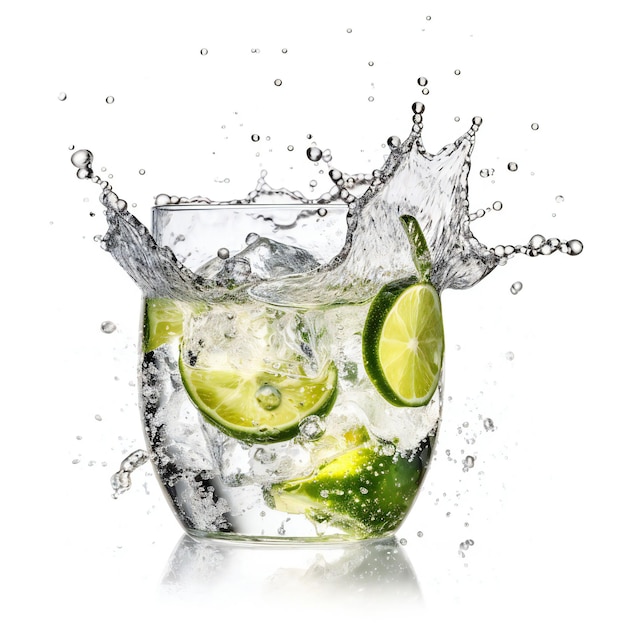 Une tranche de citron vert tombe dans un verre avec un cocktail qui fait des éclaboussures