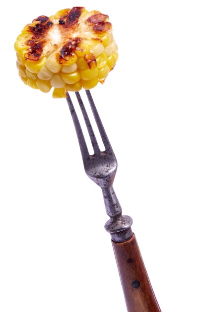 Tranche d'épi de maïs grillé avec rayures d'un grill sur une fourchette isolé sur fond blanc